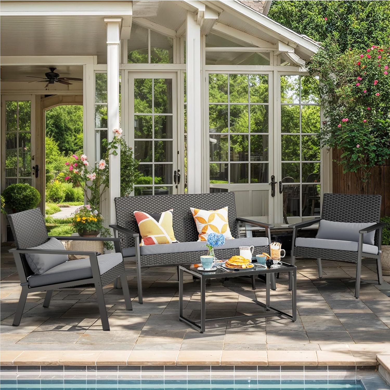 Ahomly 4-Piece Outdoor Wicker Patio Furniture Set with Deep Seating Cushions and Table for Balcony, Backyard, and Porch (Gray) wourant
