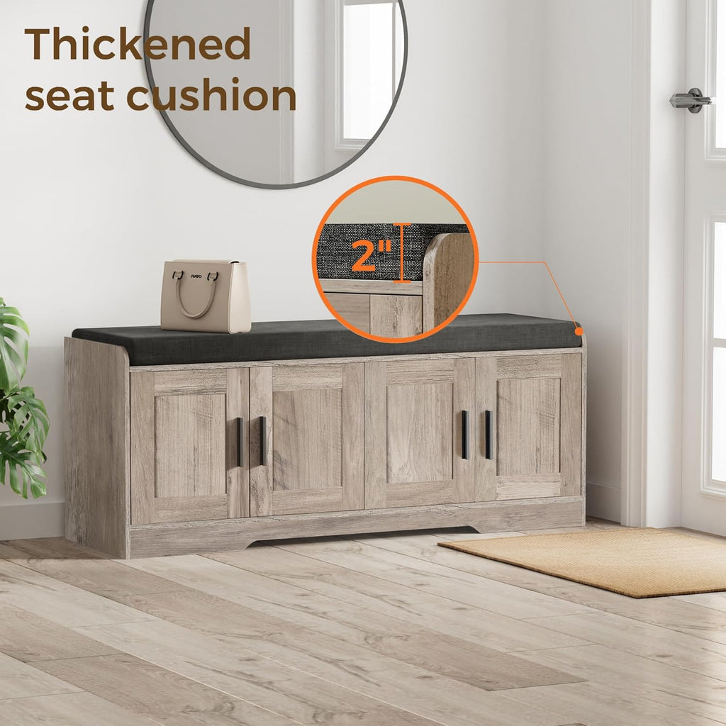 2-Tier Storage Bench, Shoe Bench with Thickened Padded Seat Cushion, Entryway Bench with 4 Doors, Adjustable Shelf, 13.8" D x 45.3" W x 18.5" H, for Entryway, Living Room, Bedroom, White wourant