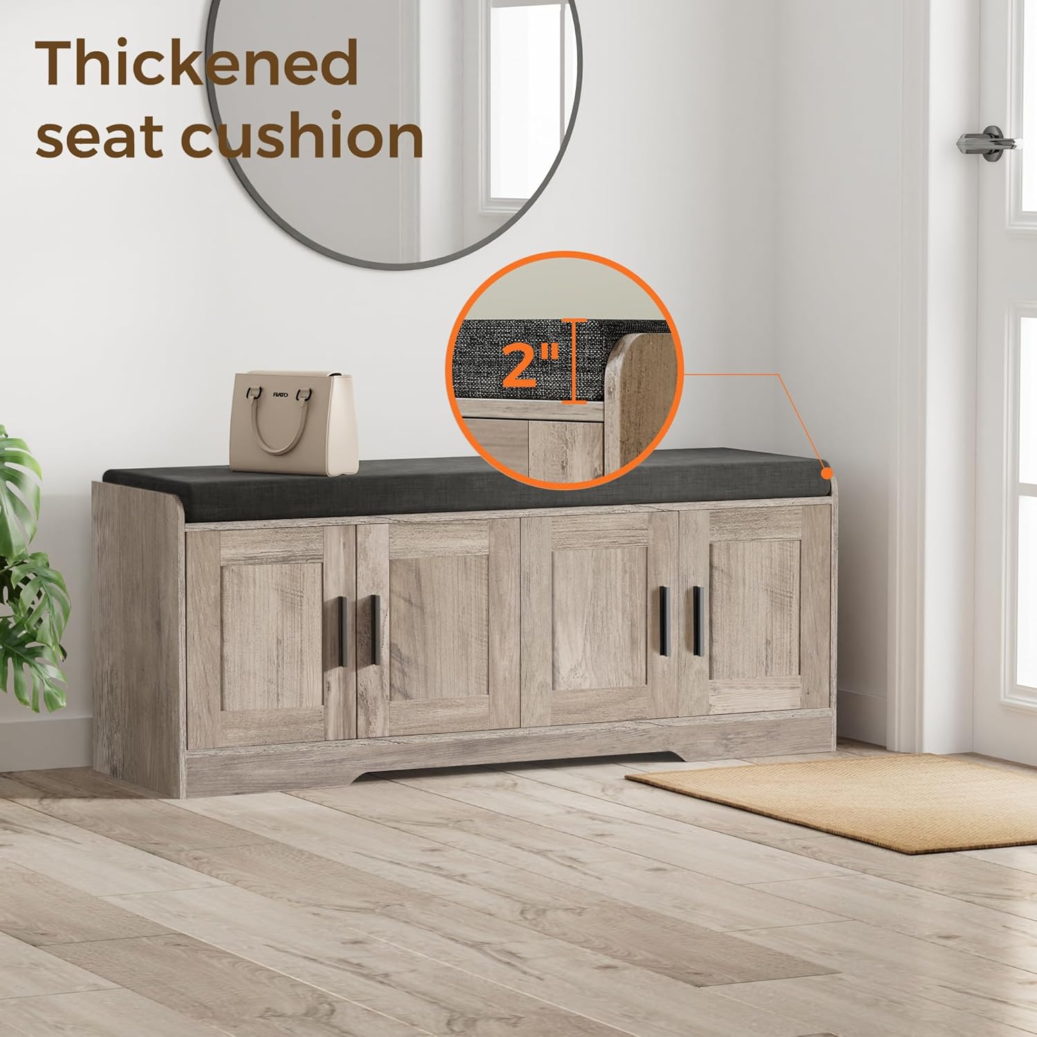 2-Tier Storage Bench, Shoe Bench with Thickened Padded Seat Cushion, Entryway Bench with 4 Doors, Adjustable Shelf wourant