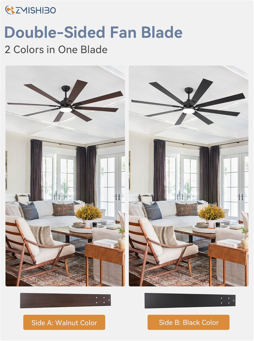 ZMISHIBO 72 inch Large Ceiling Fans with Lights and Remote, Indoor/Outdoor Black Modern Ceiling Fan for Kitchen Living Room Patio, 6 Speed Reversible Quiet DC Motor, 3 CCT, Dual Finish 8 Blades wourant