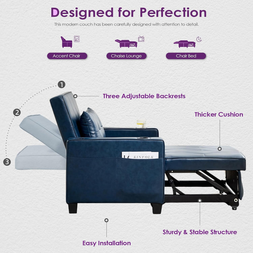 Adult Convertible Sleeper Chair Bed, 3-in-1 Pull-Out Sofa Bed with USB/Type-C Ports, Cup Holders, Side Pockets, Single Sofa wourant