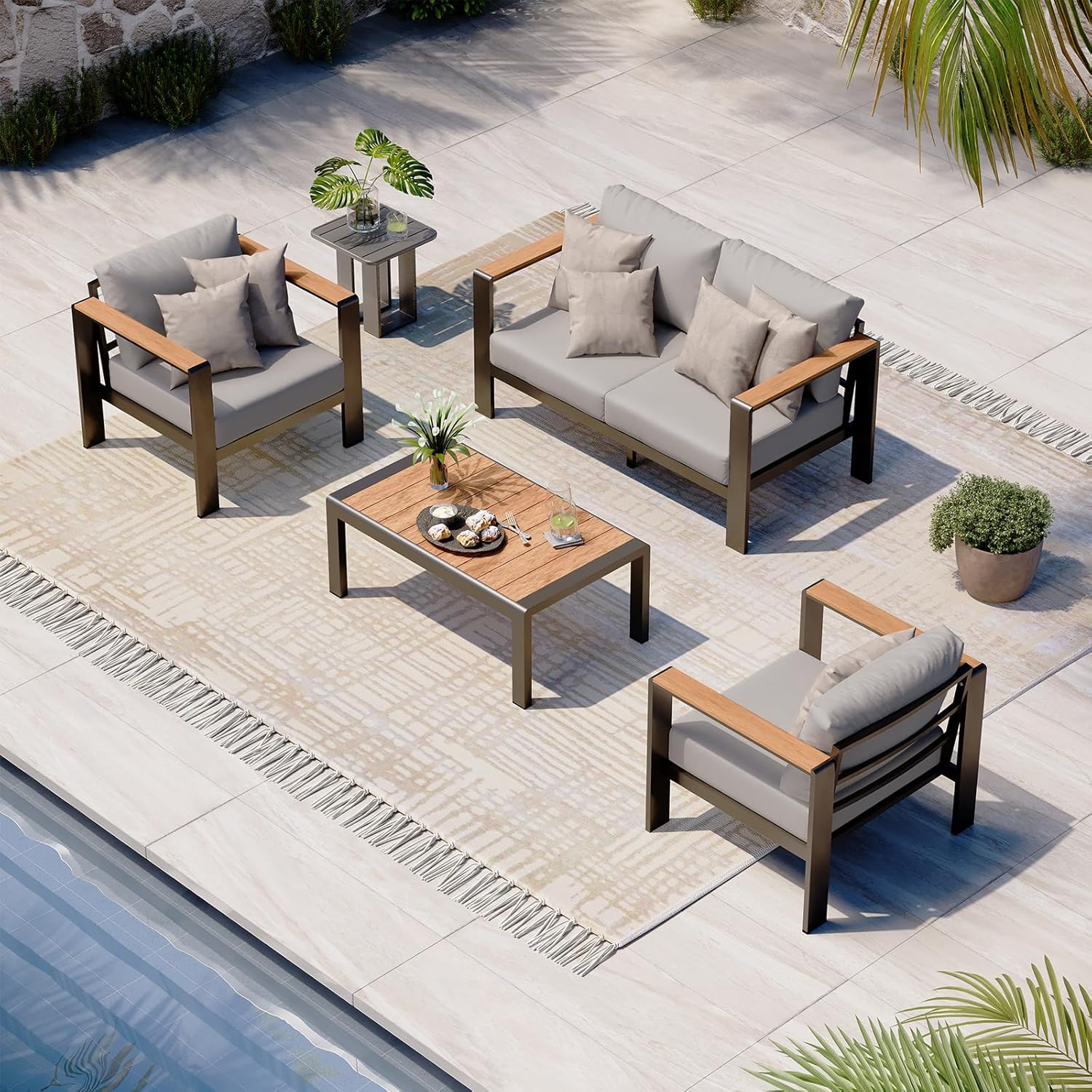 Aluminum Outdoor Patio Furniture Set with Coffee Table, 4 Piece Patio Conversation Sets with Washable Thick Cushions, Outdoor Sectional Furniture Set for Poolside, Balcony, Deck, Gray woonhhop