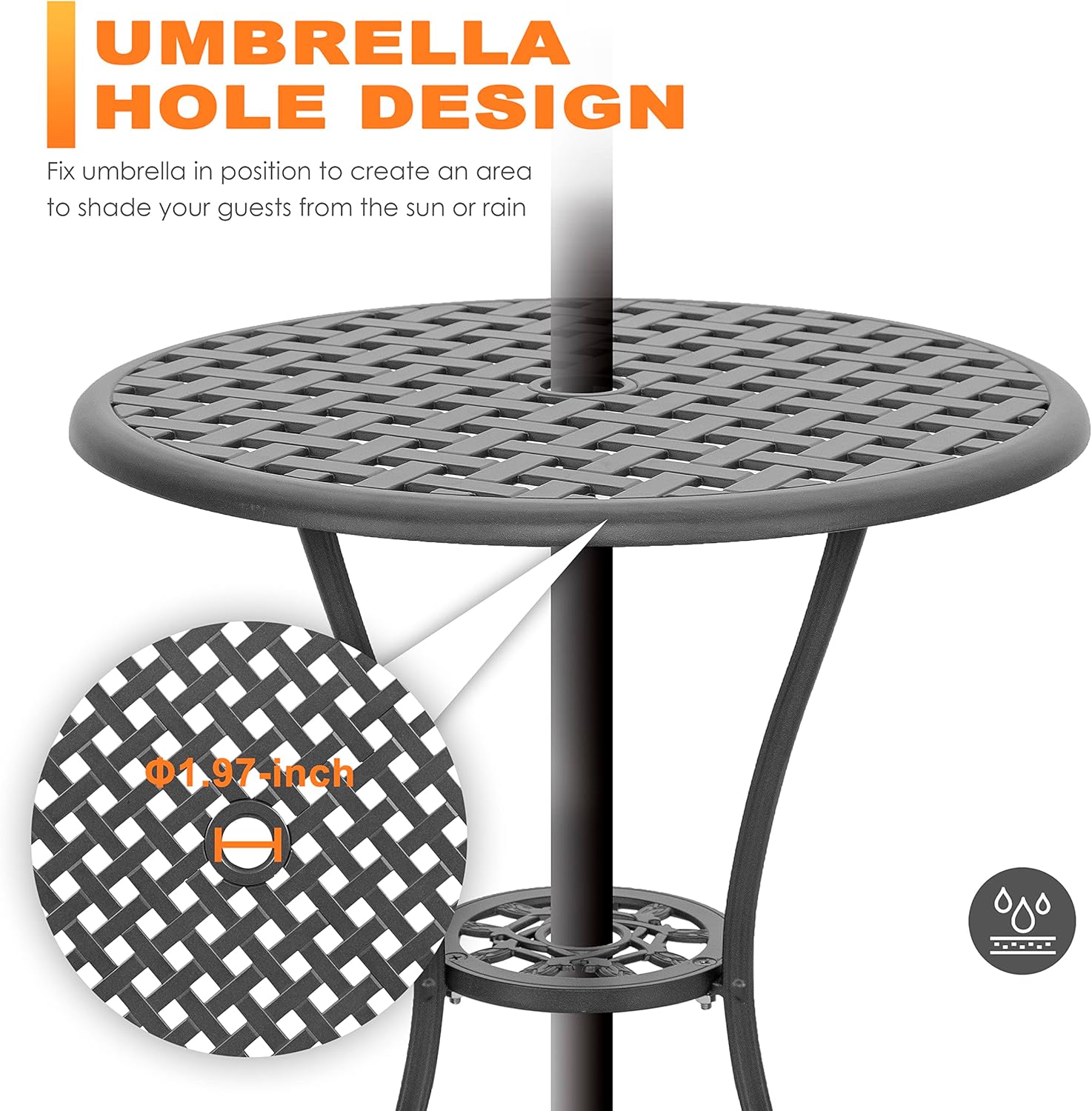 NUU GARDEN Bistro Set 3 Piece Outdoor Cast Aluminum Patio Bistro Set Patio Table and Chairs Set of 2 with Umbrella Hole and Gray Cushions, Black wourant