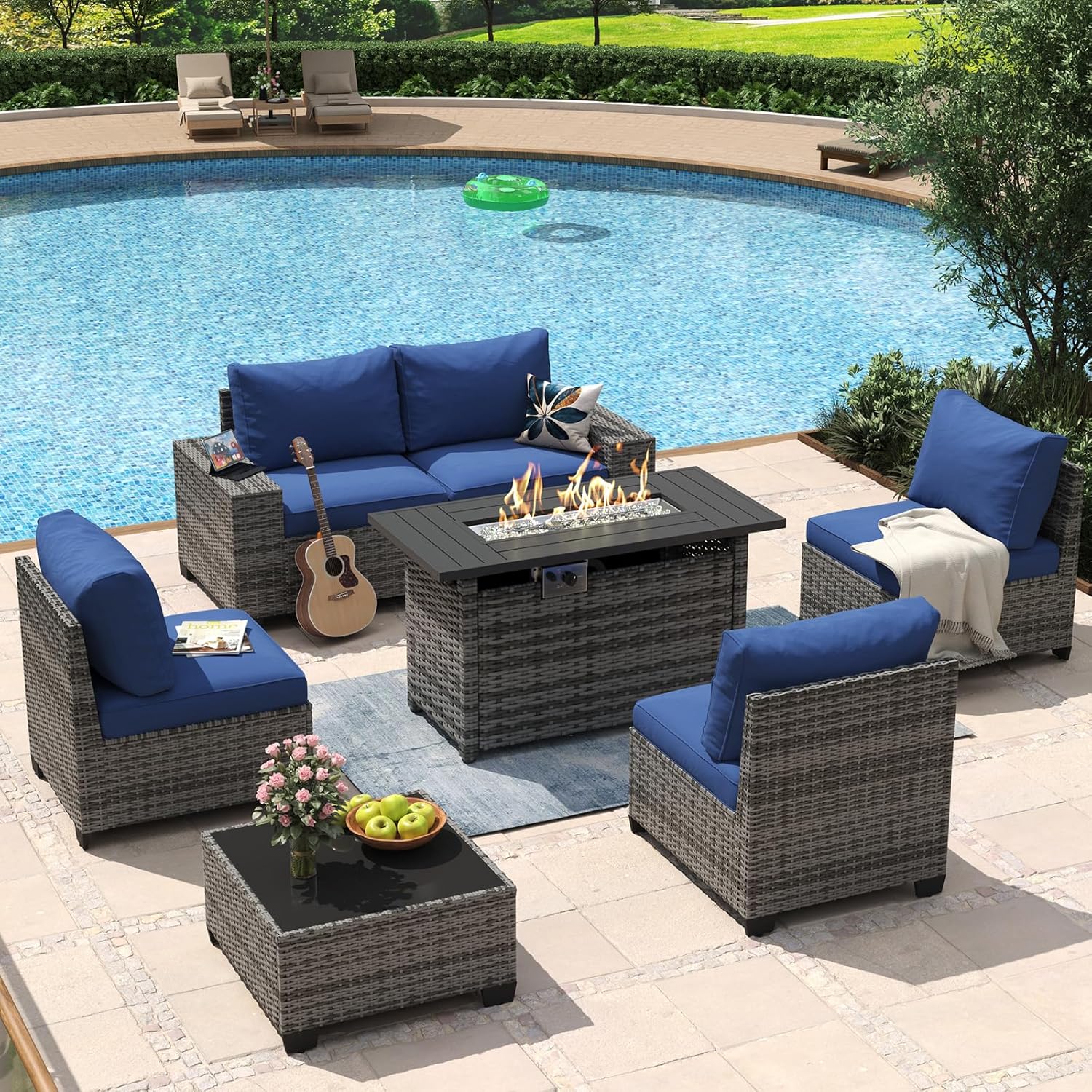 Aoxun 8 Piece Patio Furniture Set with 44?Fire Pit Table Wicker Rattan Outdoor Sectional Sofa Set with Coffee Table and Thickened Cushions, Beige (Waterproof Cover Included) woonhhop