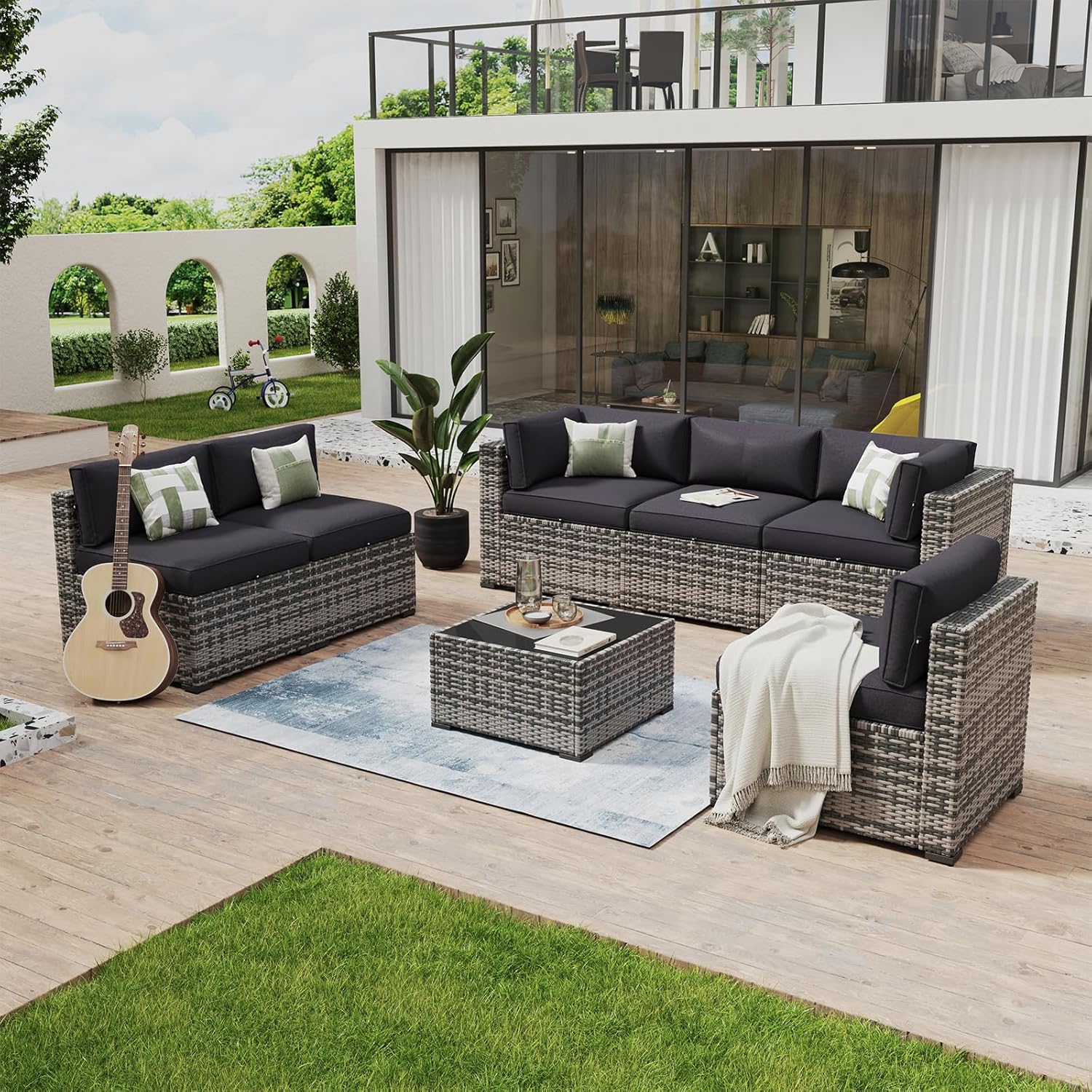 Aoxun 8 Piece Patio Furniture Set with 44?Fire Pit Table Wicker Rattan Outdoor Sectional Sofa Set with Coffee Table and Thickened Cushions, Beige (Waterproof Cover Included) woonhhop