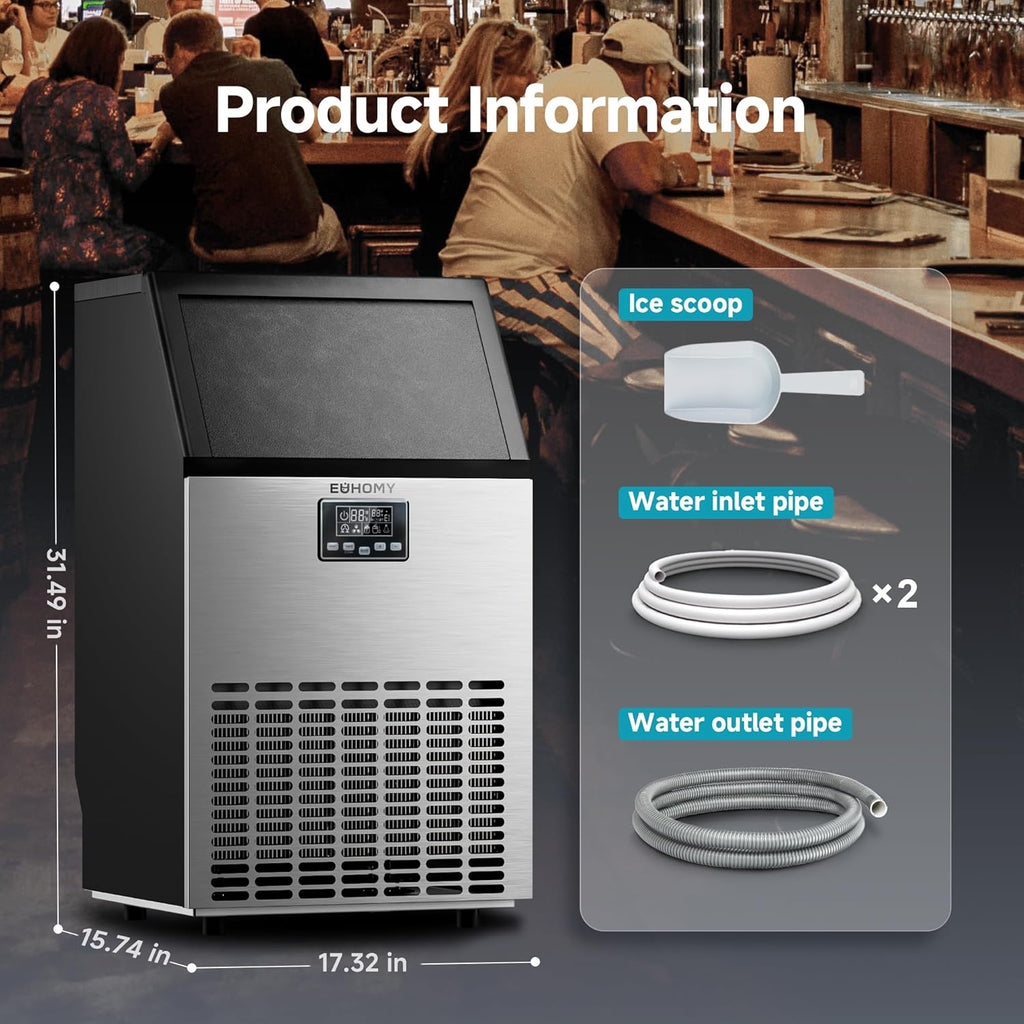EUHOMY Commercial Ice Maker Machine, 100lbs/24H Stainless Steel Under Counter ice Machine with 33lbs Ice Storage Capacity, Freestanding Ice Maker. wourant