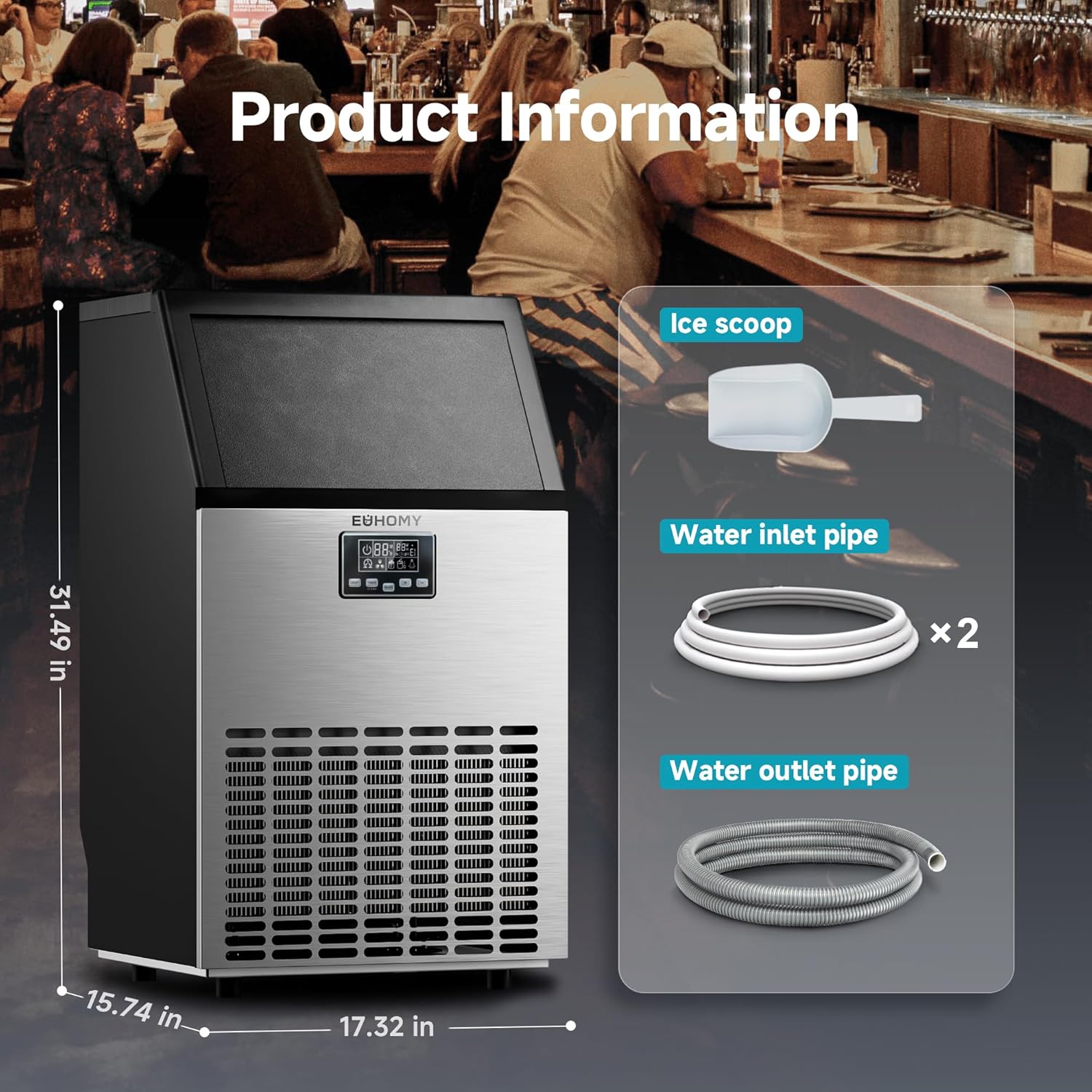 EUHOMY Commercial Ice Maker Machine, 100lbs/24H Stainless Steel Under Counter ice Machine with 33lbs Ice Storage Capacity, Freestanding Ice Maker. wourant