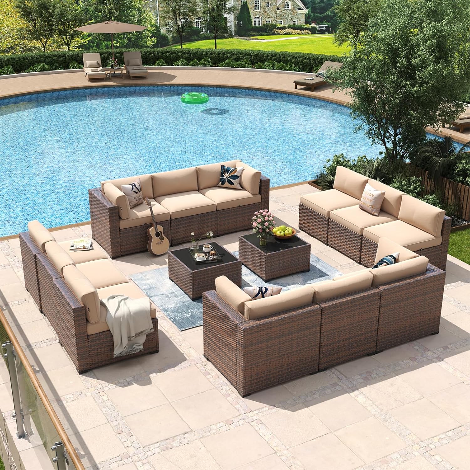 Aoxun 8 Piece Patio Furniture Set with 44?Fire Pit Table Wicker Rattan Outdoor Sectional Sofa Set with Coffee Table and Thickened Cushions, Beige (Waterproof Cover Included) woonhhop