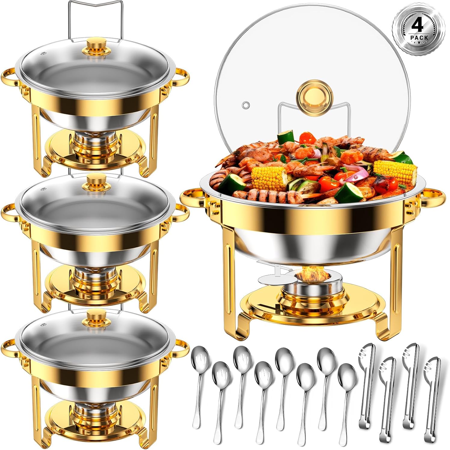 Round Chafing Dishes for Buffet 4 Pack 5 Qt, High Grade Chafing Dish Buffet Set with 12 PCS Serving Utensils,Full Size Pan,Food Warmers for Parties,Buffet,Wedding, Birthday,Camping [Gold] wourant