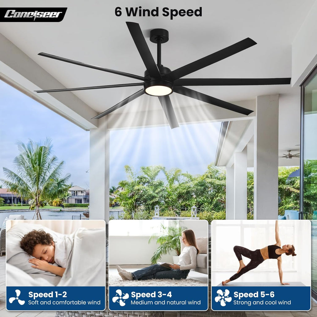 Modern Ceiling Fans with Lights, 72 Inch Ceiling Fan with Light and Remote, Bedroom Living Room Library Cafe Outdoor/Industrial,24W 3CCT Dimmable, 8 Blades 6 Speed Reversible Quiet DC Motor, Black wourant