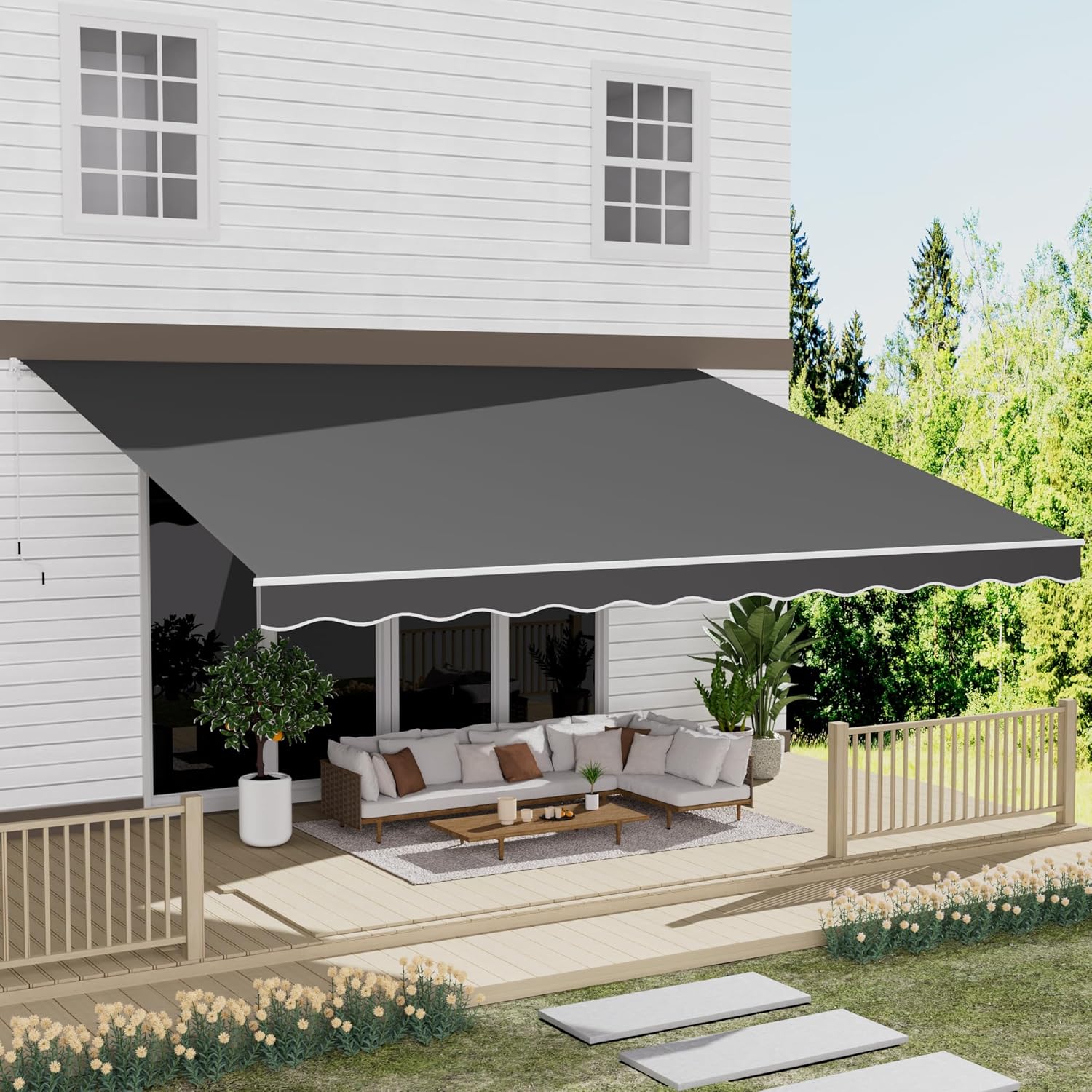 13' x 10' Awning for Patio, Sunsetter Retractable Awning Waterproof Cover Outdoor Patio Canopy, Sun Shade with Manual Crank Handle, Porch Shades for Outdoor, House, Deck, Dark Gray woonhhop
