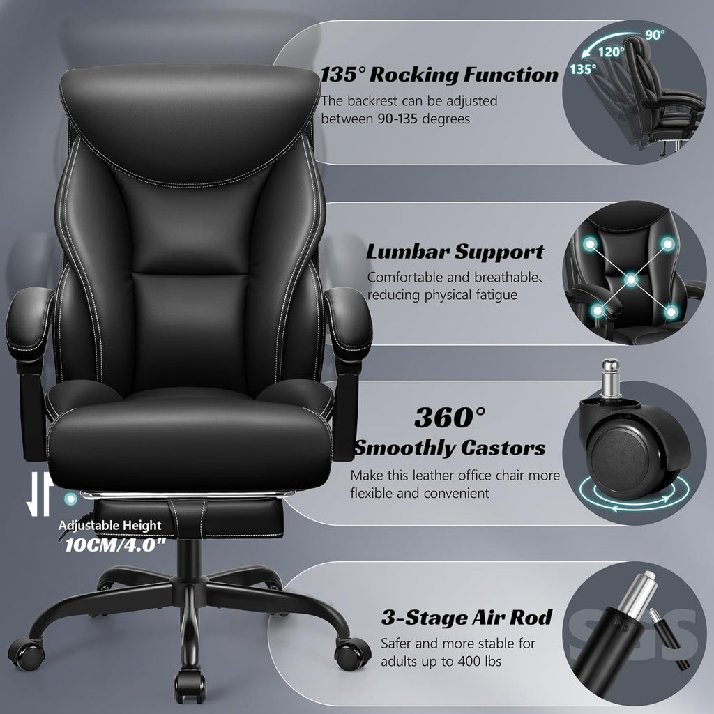 Office Chair Large High-Foot Computer Desk Chair, Breathable Leather Chair Lumbar Support Rotating Computer Chair wourant