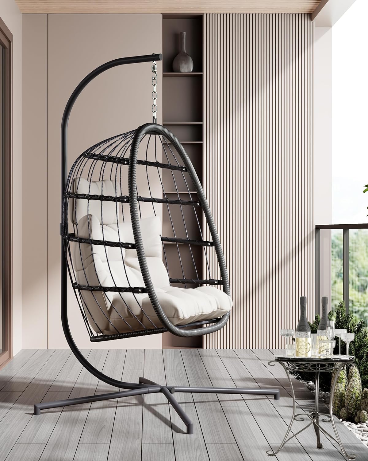 HWB Hanging Egg Chair Patio Wicker Hammock Egg Swing Chair with Cushion for Bedroom wourant