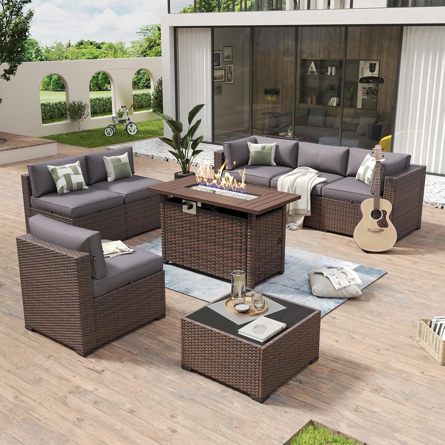 Aoxun 8 Piece Patio Furniture Set with 44?Fire Pit Table Wicker Rattan Outdoor Sectional Sofa Set with Coffee Table and Thickened Cushions, Beige (Waterproof Cover Included) woonhhop
