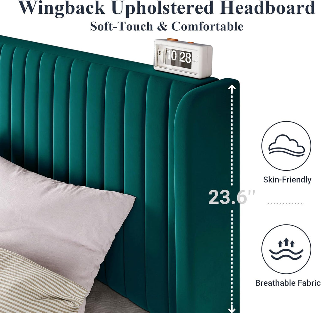 Allewie Full Size Velvet Bed Frame Vertical Channel Tufted Wingback Headboard Upholstered Bed wourant