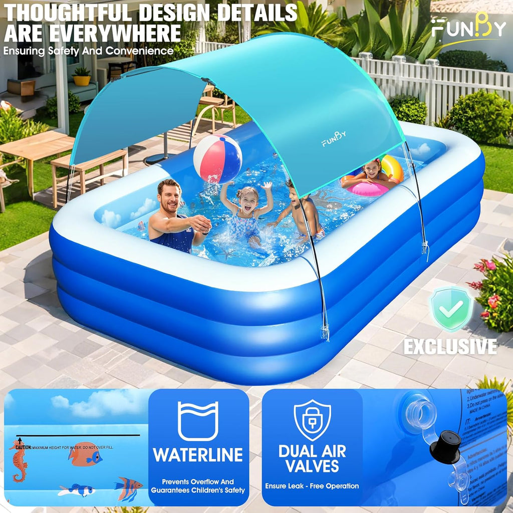Inflatable Pool with Canopy,Upgraded Inflatable Swimming Pool for Kids,Adult,Large Inflatable Blow up Pools,Ocean Theme Oversized Thickened 105"x75"x25"Inflatable Family Pools for Backyard-Blue wourant