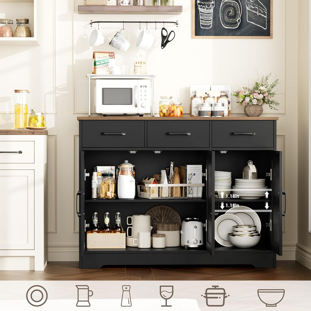 Modern farmhouse sideboard, barn door buffet storage cabinet with drawers and shelves, wooden coffee bar with storage wourant