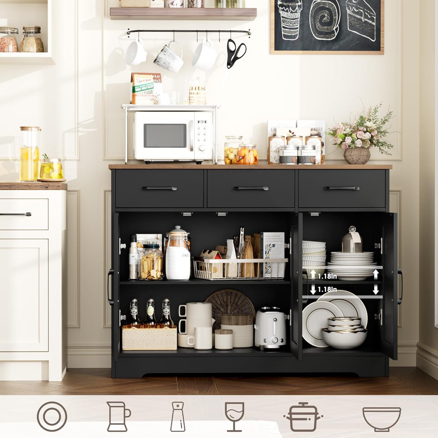 Modern farmhouse sideboard, barn door buffet storage cabinet with drawers and shelves, wooden coffee bar with storage wourant