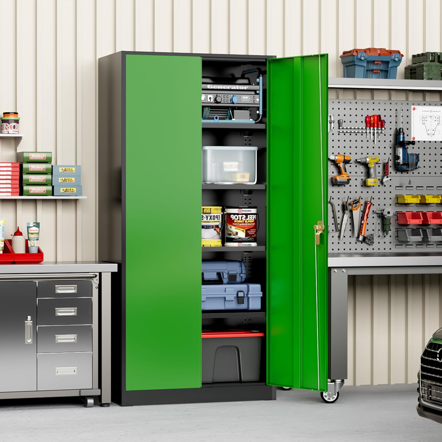 Greenvelly Metal Storage Cabinet, 72" Black Locking Metal Cabinet with 2 Doors and 4 Adjustable Shelves, Lockable Garage Storage Cabinets for Home Office, Garage, Kitchen, Living Room wourant