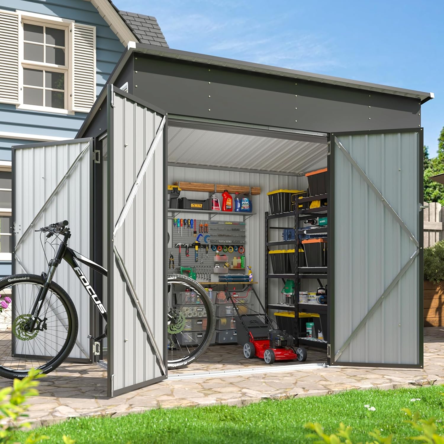 Aoxun 6.2x4 FT Shed Outdoor Storage Shed with Lockable Doors Sloping Roof Metal Garden wourant