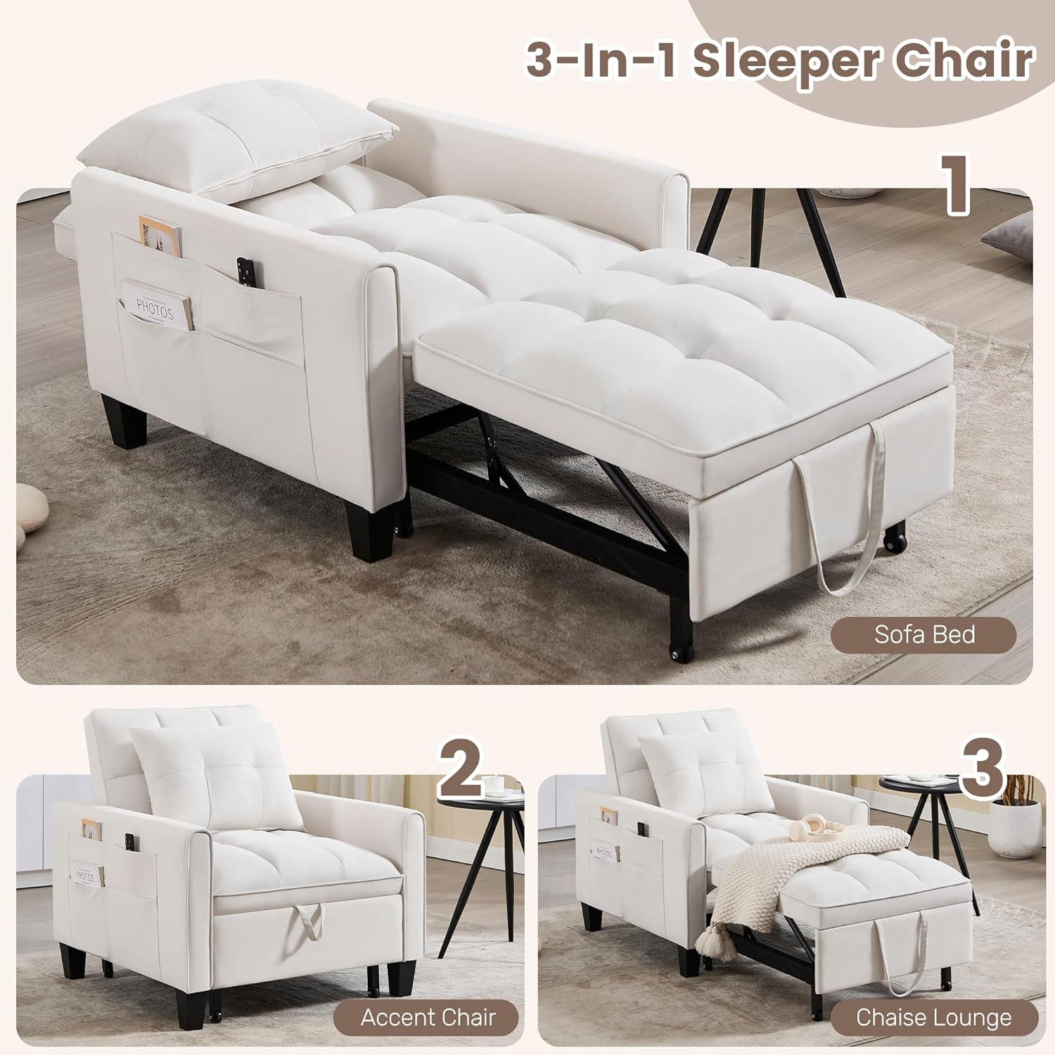 Convertible Sleeper Chair, 3 in 1 Sleeper Chair Bed Pull Out Sofa Bed Chairs, Velvet Single Sofa with Adjustable Backrest wourant