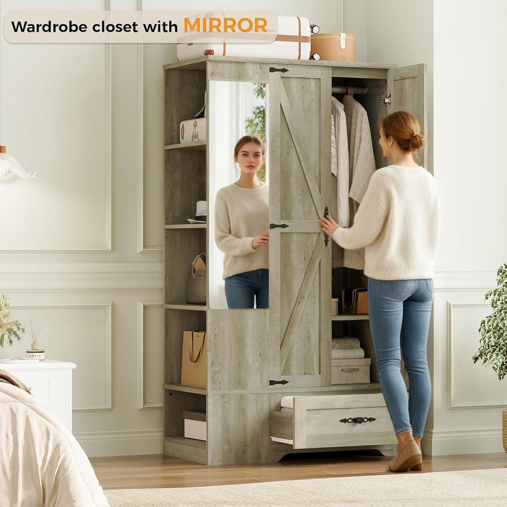 ANCTOR Armoire Wardrobe Closet with Mirror, 70" H Wooden Bedroom Armoires and Wardrobes wourant