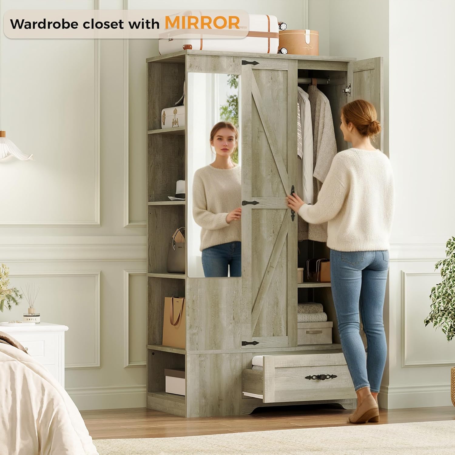 ANCTOR Armoire Wardrobe Closet with Mirror, 70" H Wooden Bedroom Armoires and Wardrobes wourant