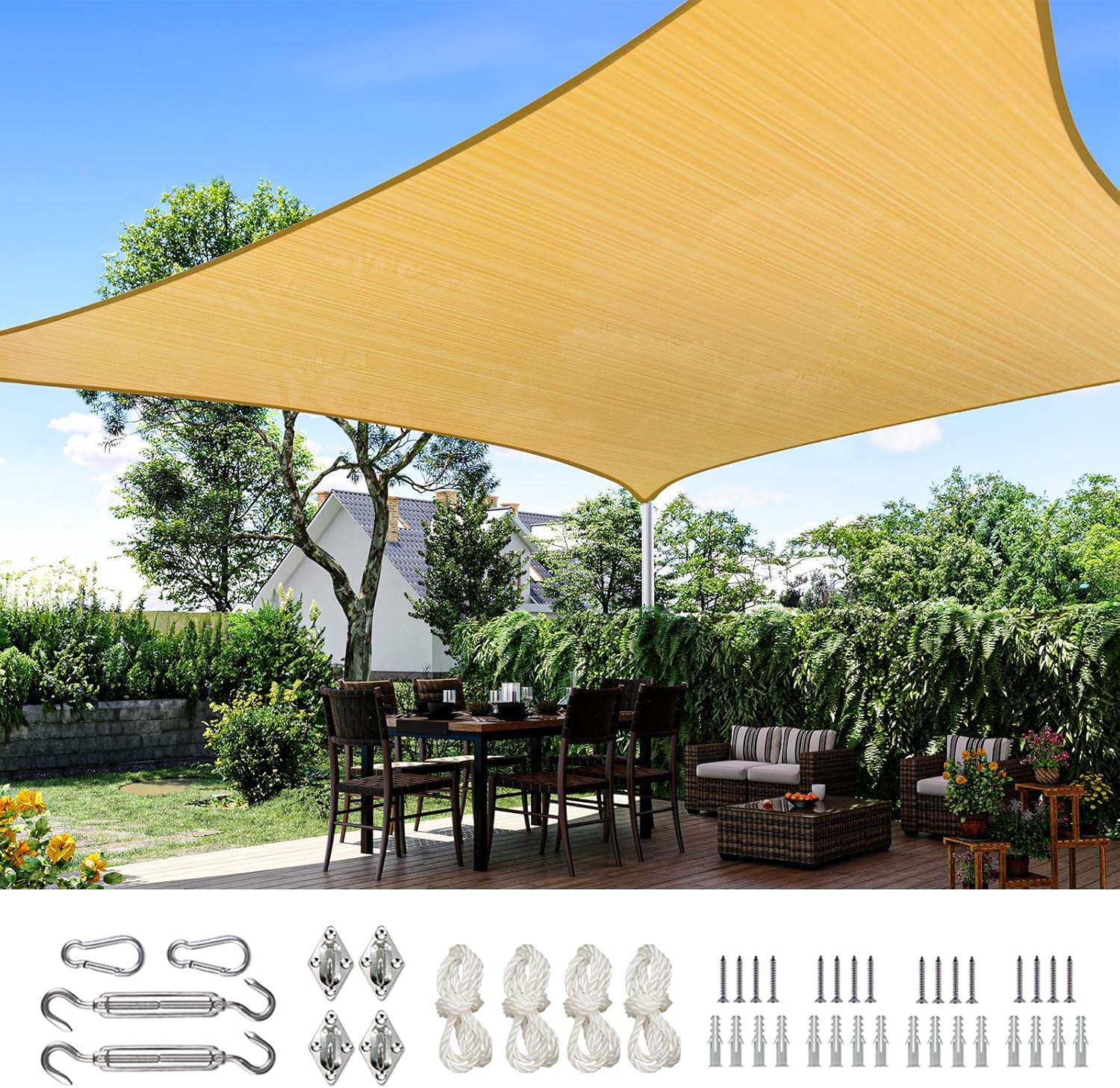 Quictent 20X20FT 185G HDPE Square Sun Shade Sail Canopy 98% UV Block Outdoor Patio Garden with Hardware Kit (Brown) woonhhop