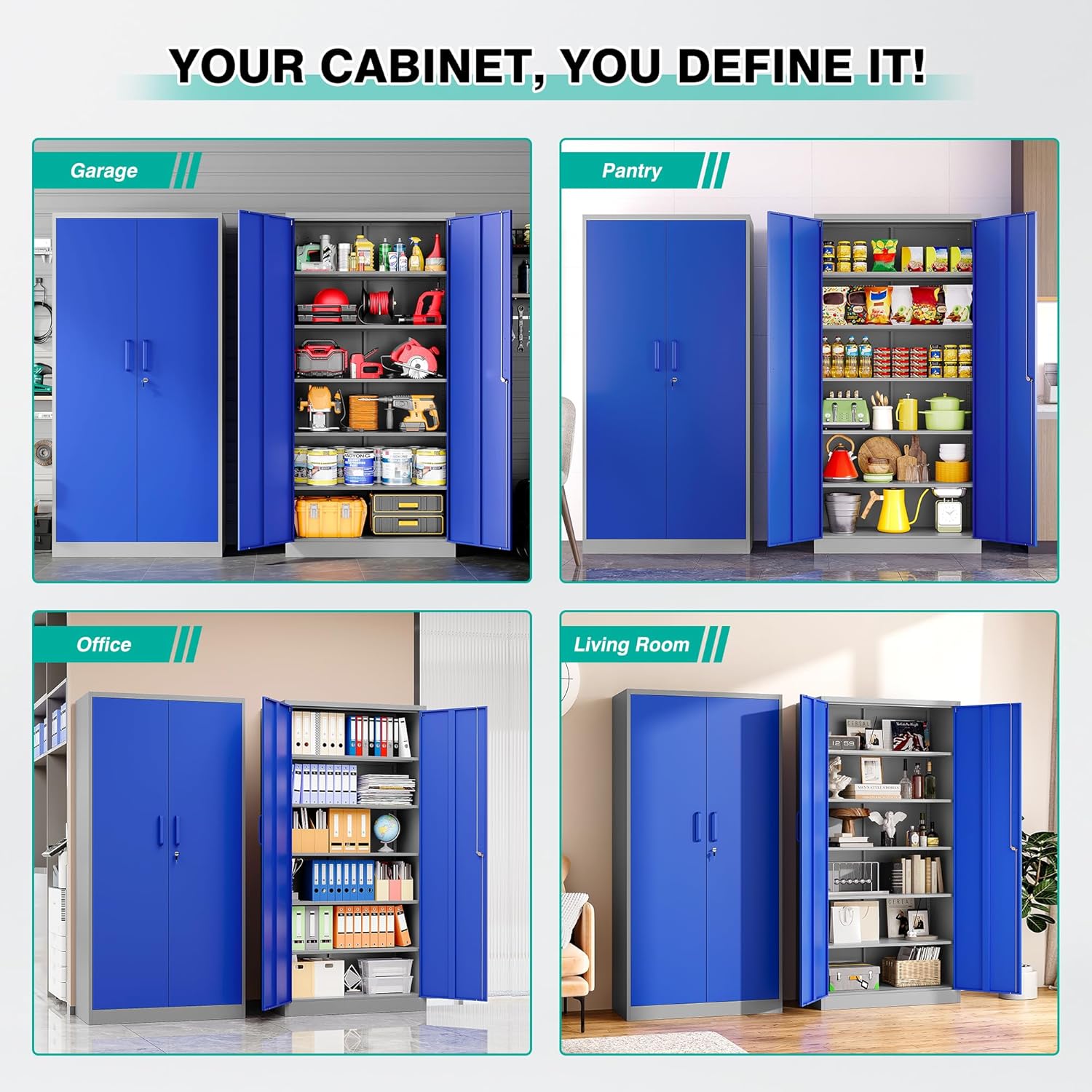Metal Storage Cabinet with 2 Doors and 6 Shelves, Black Metal Cabinet with Lock, 71 Inch Lockable Garage Storage Cabinet wourant