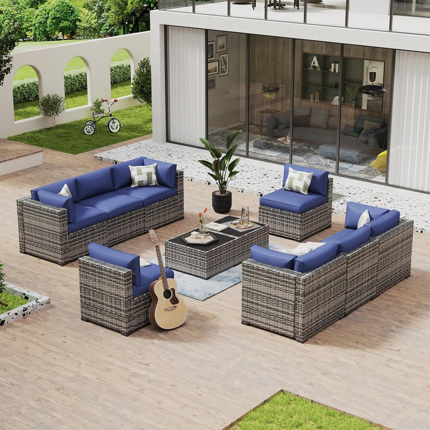 Aoxun 8 Piece Patio Furniture Set with 44?Fire Pit Table Wicker Rattan Outdoor Sectional Sofa Set with Coffee Table and Thickened Cushions, Beige (Waterproof Cover Included) woonhhop
