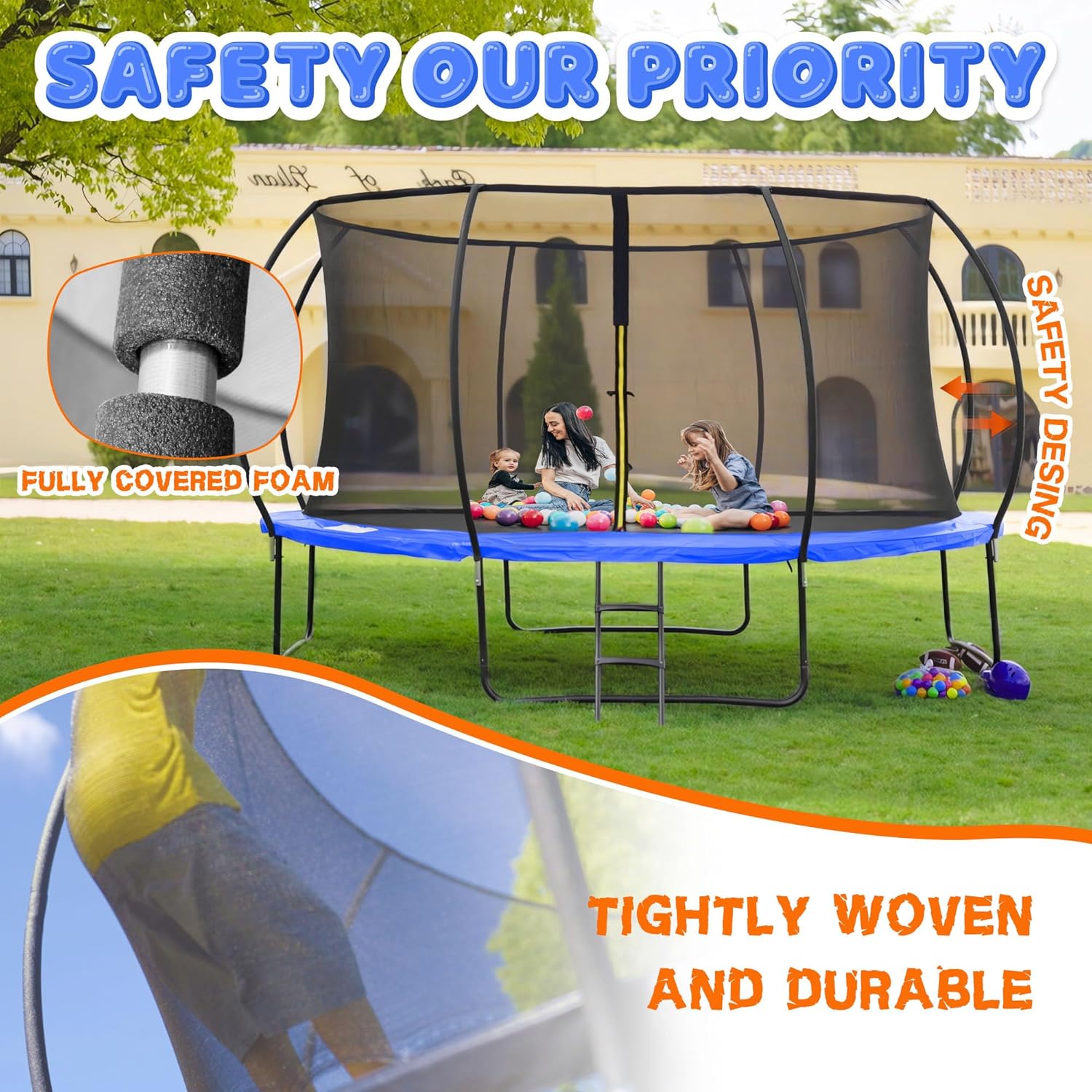 Trampoline 8FT 10FT 12FT 14FT 16FT, Recreational Trampolines with Enclosure Net and Ladder, Outdoor Anti-Rust Trampolines for Kids and Adults, ASTM Approved wourant