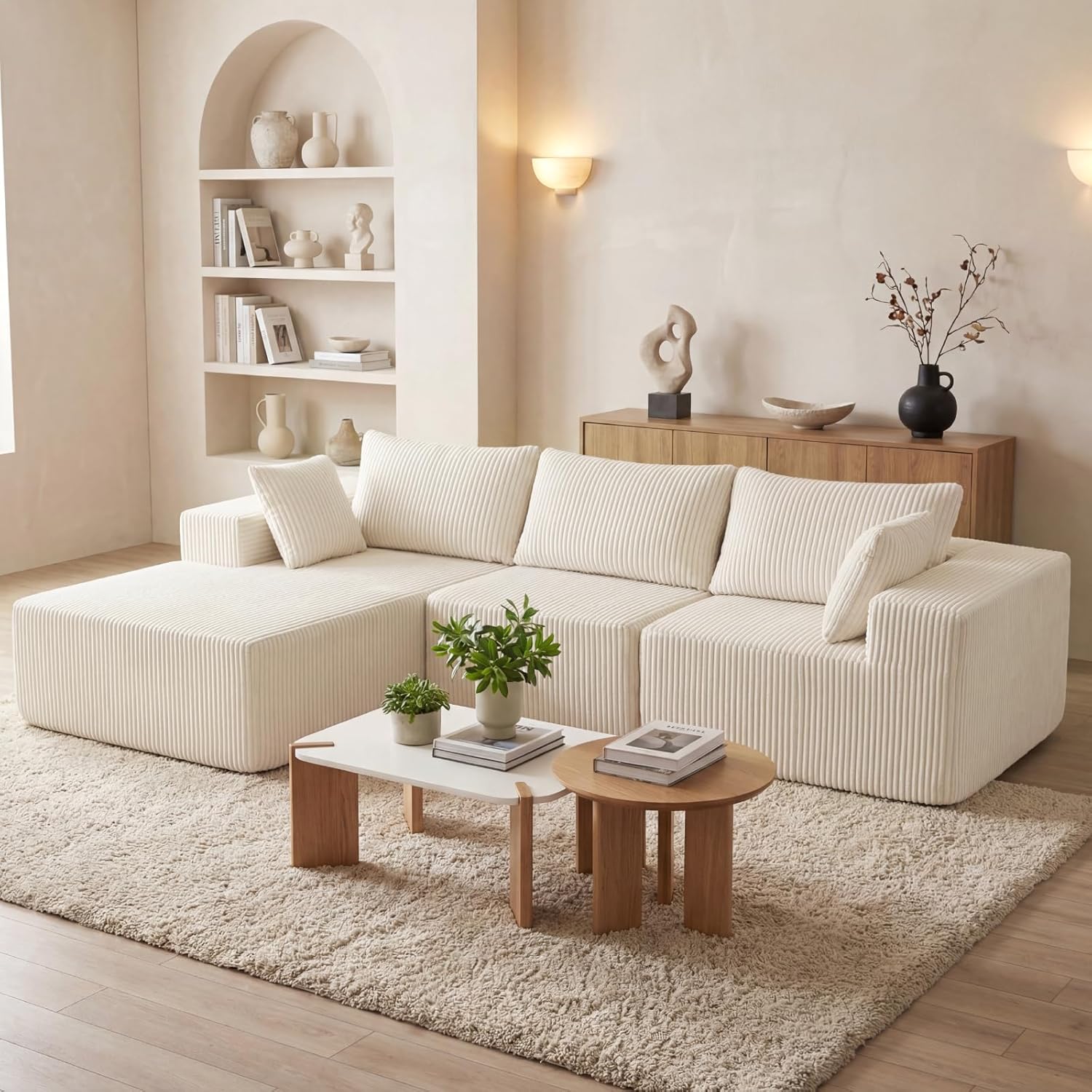 DUMOS 108" Boneless Couch, Cloud Sectional Couch with L-Shape Chaise, Modular Sectional Sofa with Deep Seat, Upholstered Couch for Living Room Bedroom, No Assembly Required (Beige, Left Facing Chaise) wourant