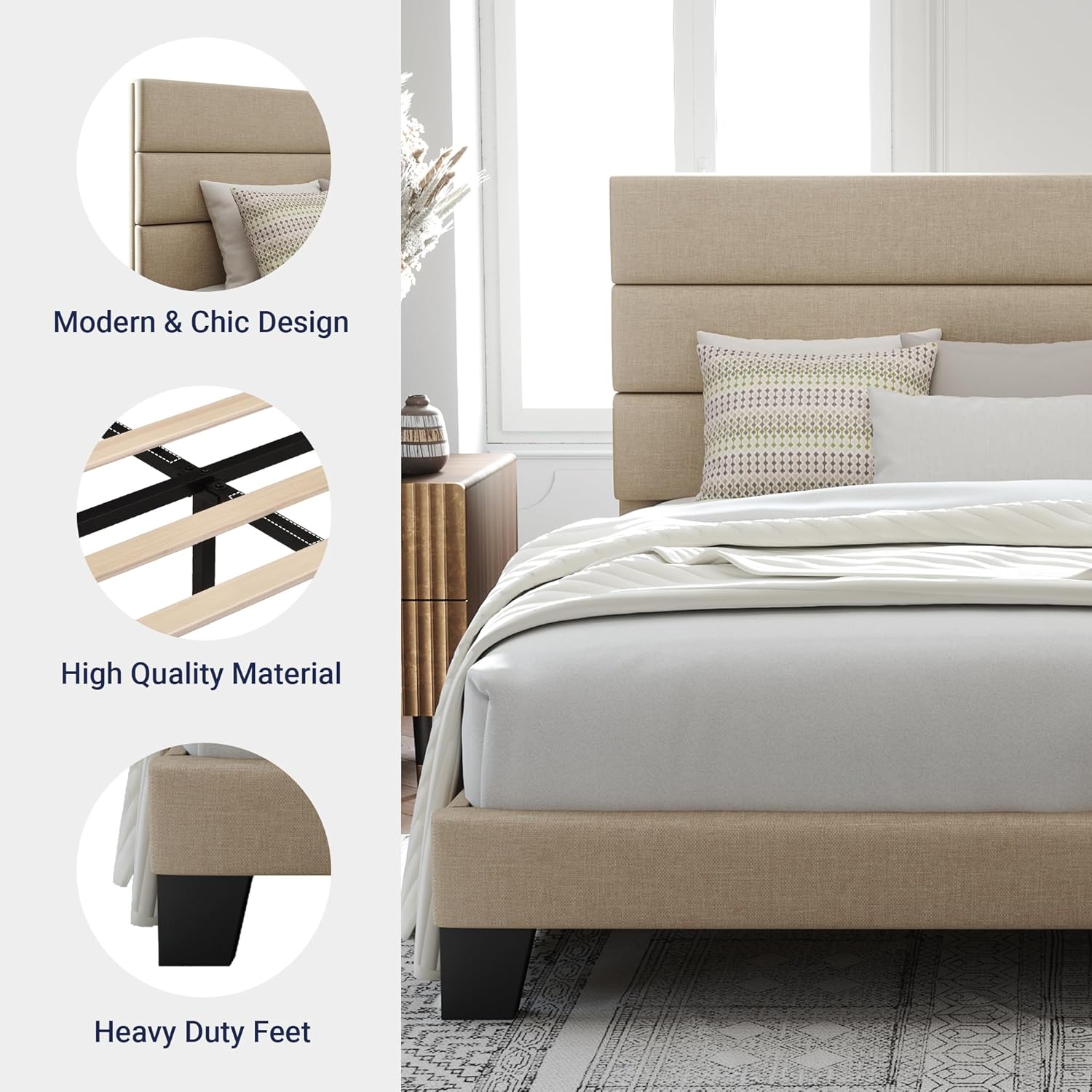 Allewie Queen Size Platform Bed Frame Fabric Upholstered Headboard Wooden Slats Support wourant