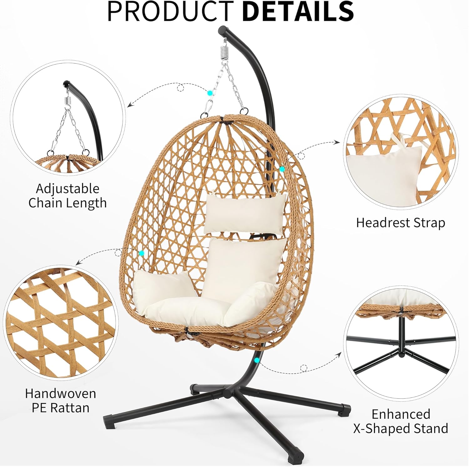 Egg Chair with Stand Patio Wicker Hanging Chair Hammock Swing Chair 350LBS Capacity wourant