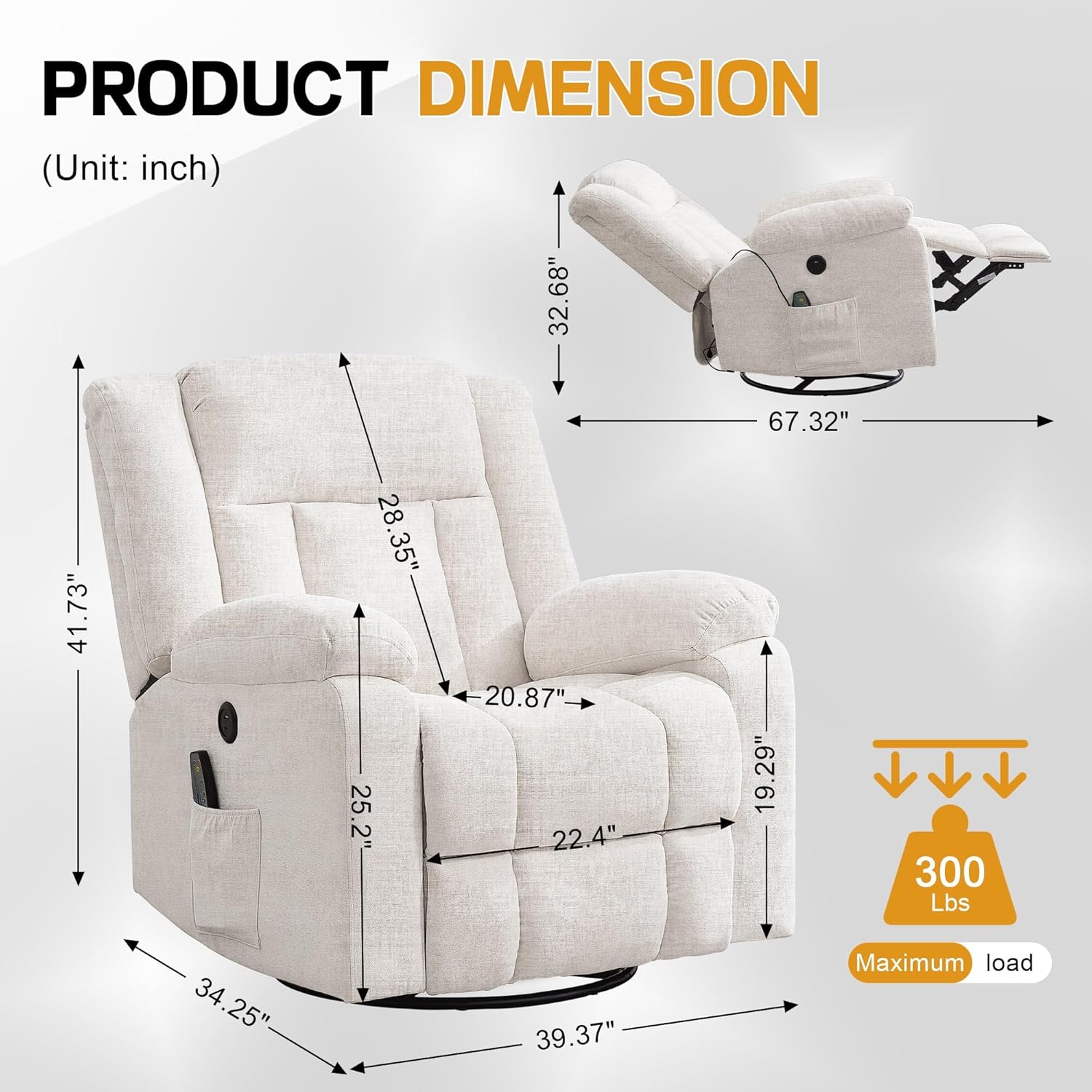 Adult rocking chair, gliding recliner, 360° rotating rocking chair with massage and heating function wourant