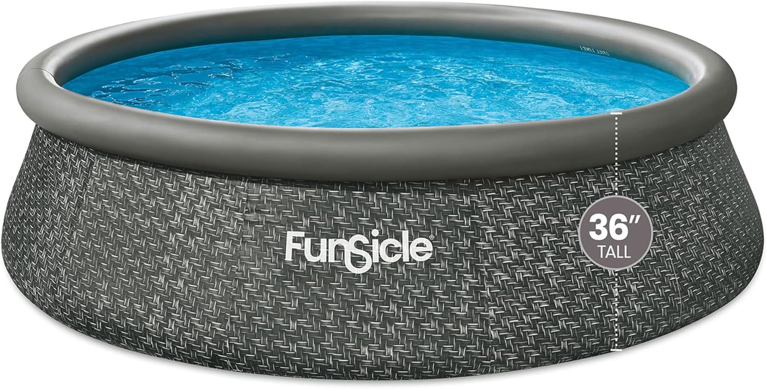 Funsicle 12 Foot by 36 Inch Quickset Round Inflatable Ring Top Outdoor Above Ground Swimming Pool Set with Pump and Cartridge Filter, Dark Herringbone wourant
