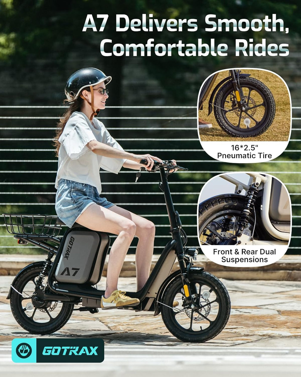 Gotrax adult electric scooter with seat, maximum range of 19-25 miles, all-terrain tires, wide pedals, padded seat, and carrycot wourant