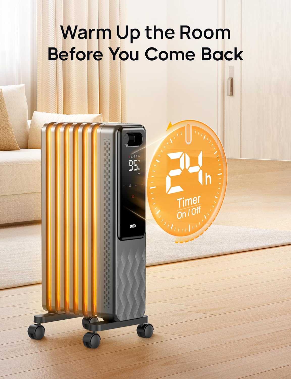 Indoor electric radiant heater with overheat and tip-over protection, digital thermostat, oil-filled radiator wourant