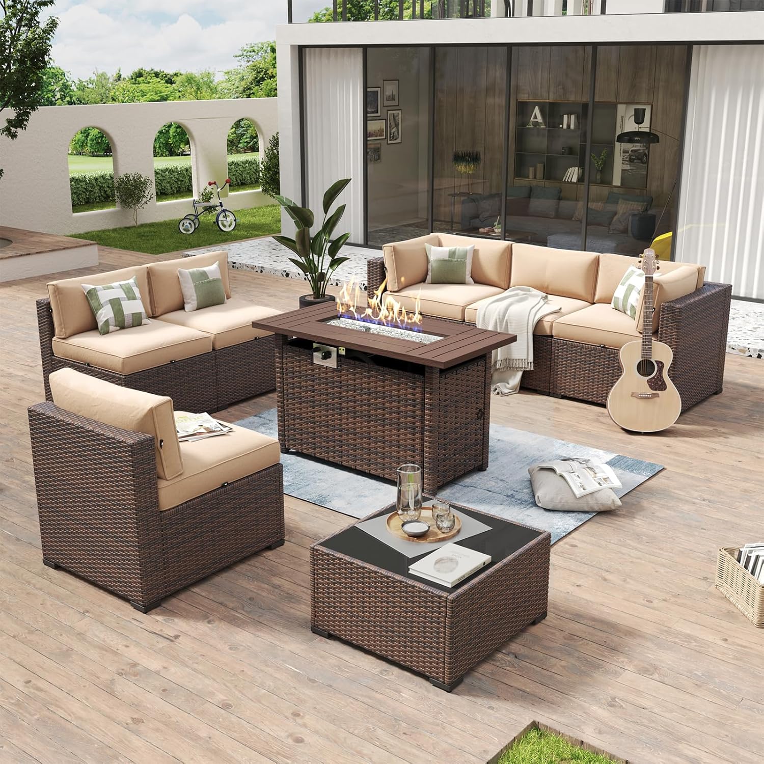 Aoxun 8 Piece Patio Furniture Set with 44?Fire Pit Table Wicker Rattan Outdoor Sectional Sofa Set with Coffee Table and Thickened Cushions, Beige (Waterproof Cover Included) woonhhop
