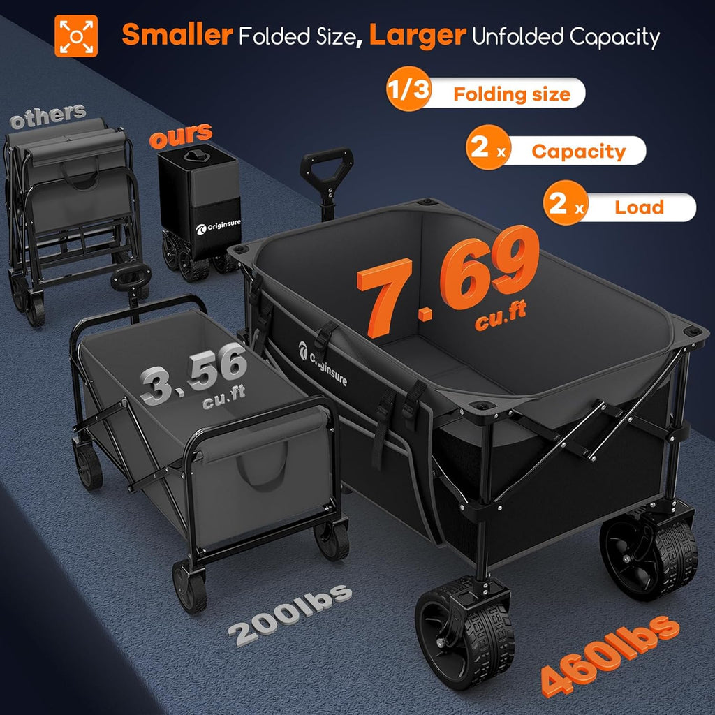 38" long foldable four-wheel stroller, foldable, 460 lb capacity, 220 liter heavy-duty folding beach stroller with large all-terrain tires wourant