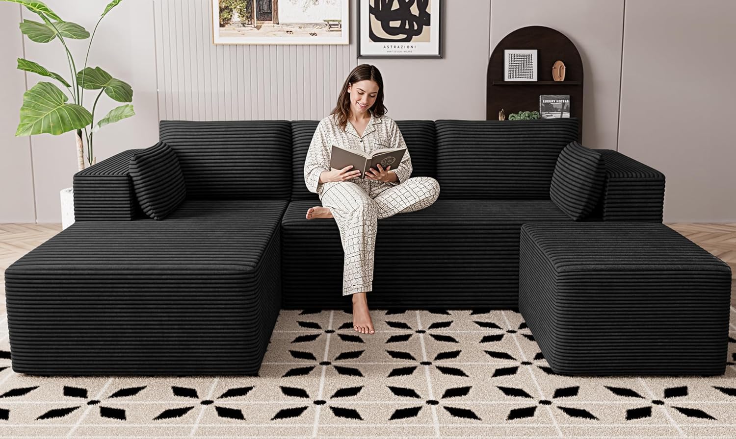 Cloud Sectional Boneless Couches for Living Room, Modular L Shaped Couch with Deep Seat Oversized Right Facing Chaise, Memory Foam Compressed Spineless 3 Seater Sofa for Apartment, Black | No Assembly Required, Deep Seat, Cat-Claw Resistant, High-Resilien wourant