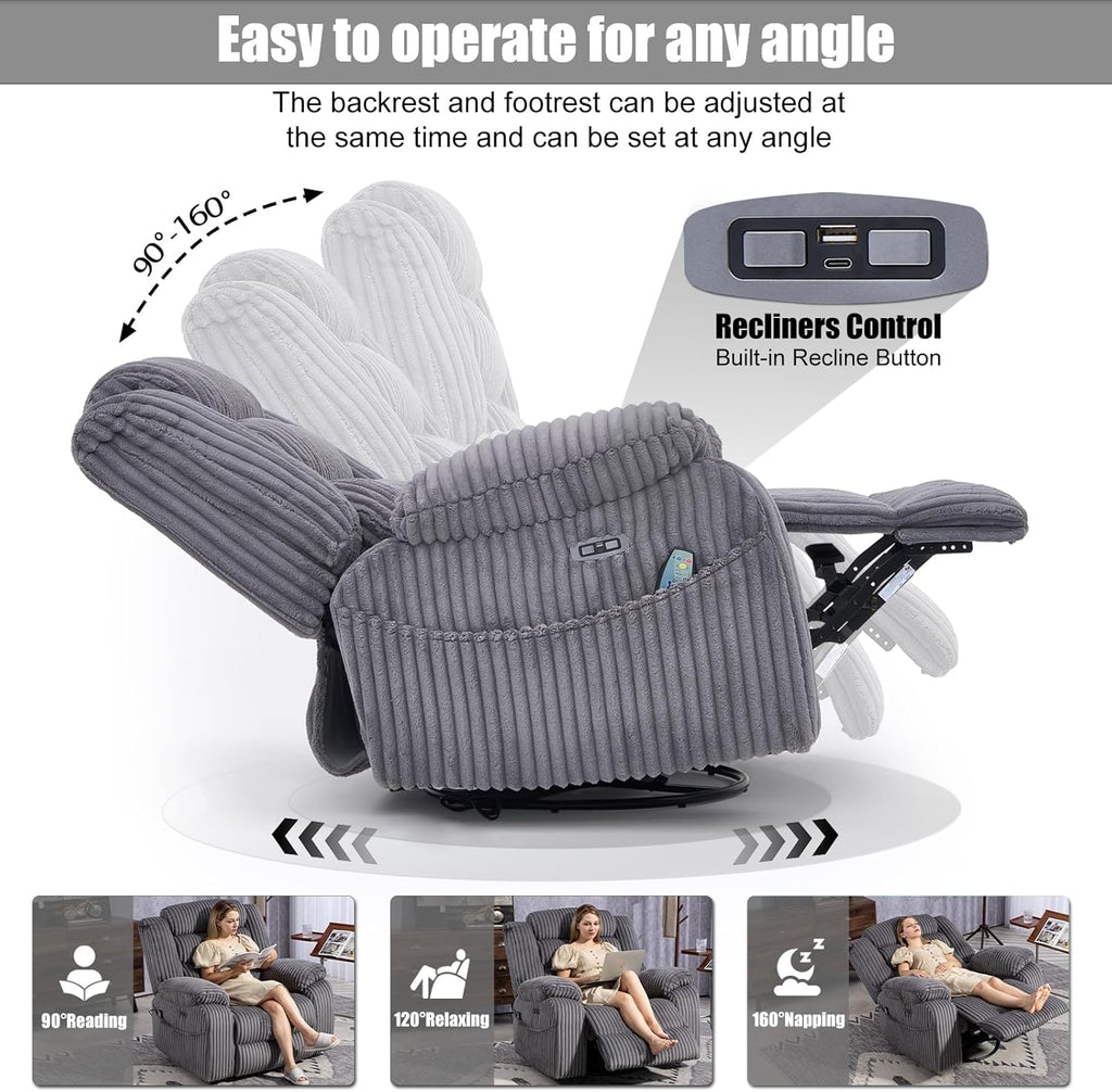 Electric rotary rocker lounge chair for adults with massage and calories, USB and C charging ports wourant