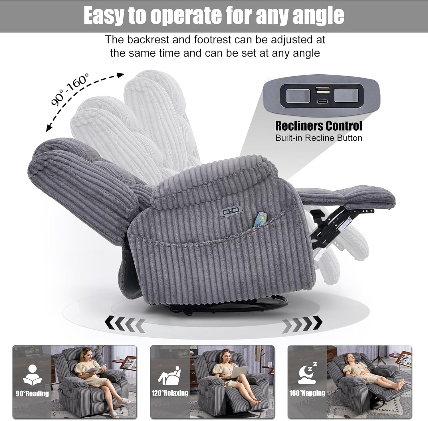 Electric rotary rocker lounge chair for adults with massage and calories, USB and C charging ports wourant