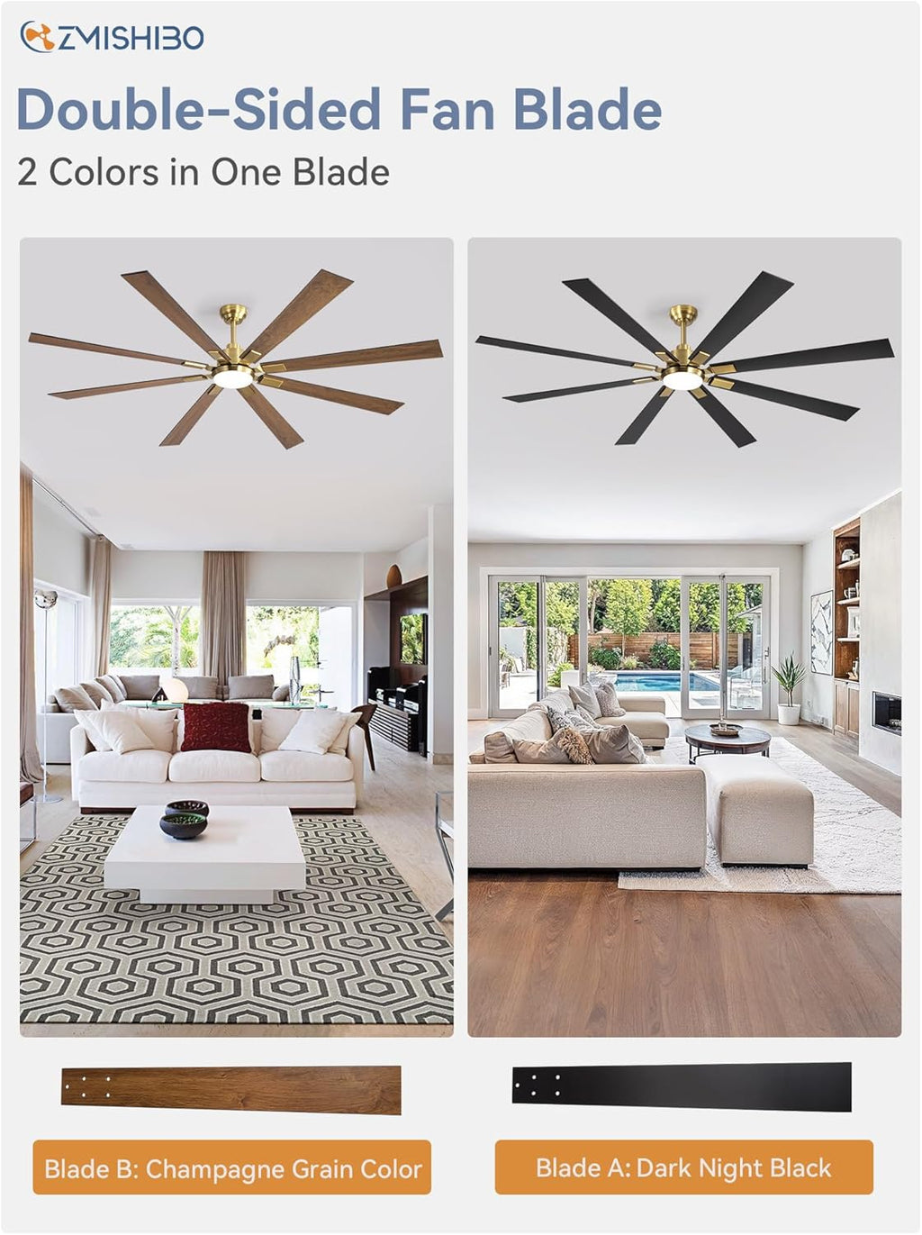 ZMISHIBO 72 inch Large Ceiling Fans with Lights and Remote, Indoor/Outdoor Black Modern Ceiling Fan for Kitchen Living Room Patio, 6 Speed Reversible Quiet DC Motor, 3 CCT, Dual Finish 8 Blades wourant