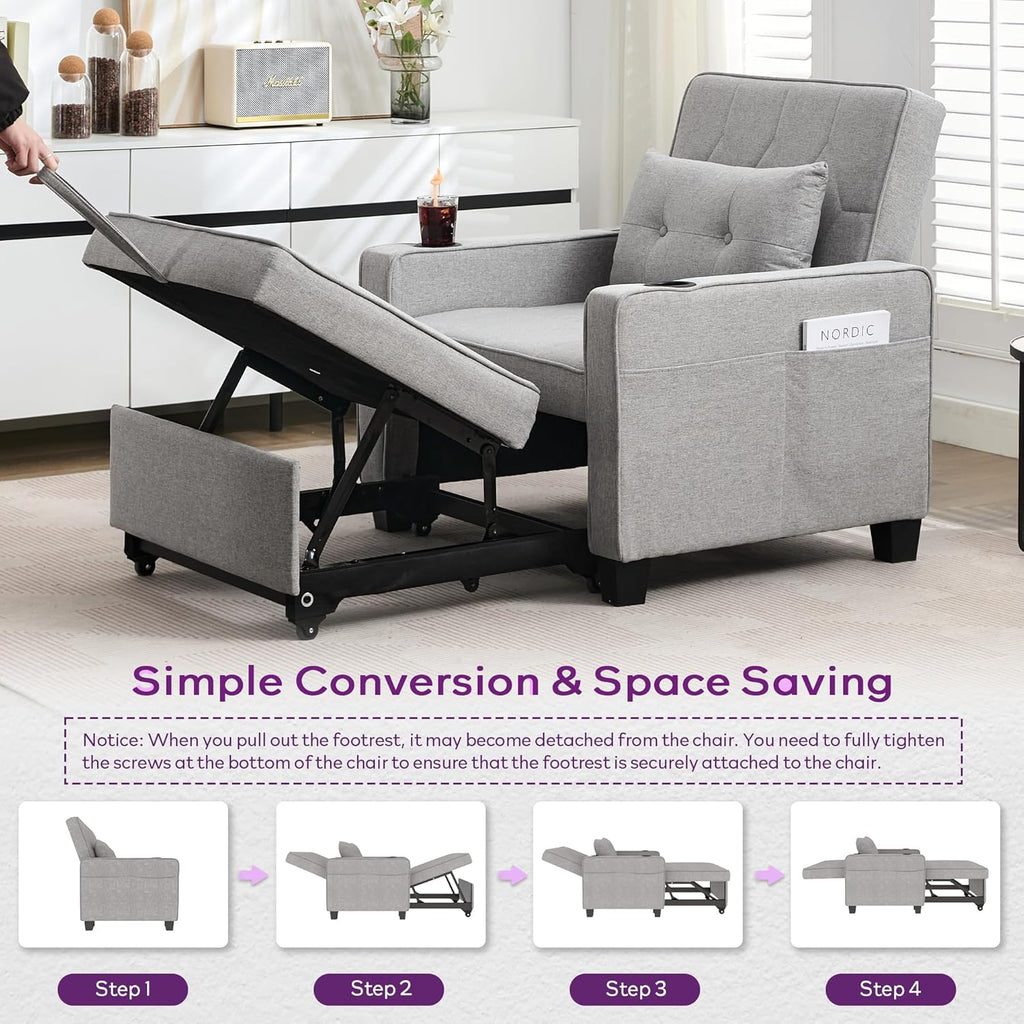 Adult Convertible Sleeper Chair Bed, 3-in-1 Pull-Out Sofa Bed with USB/Type-C Ports, Cup Holders, Side Pockets, Single Sofa wourant
