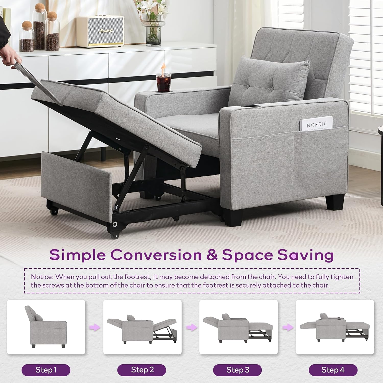 Adult Convertible Sleeper Chair Bed, 3-in-1 Pull-Out Sofa Bed with USB/Type-C Ports, Cup Holders, Side Pockets, Single Sofa wourant