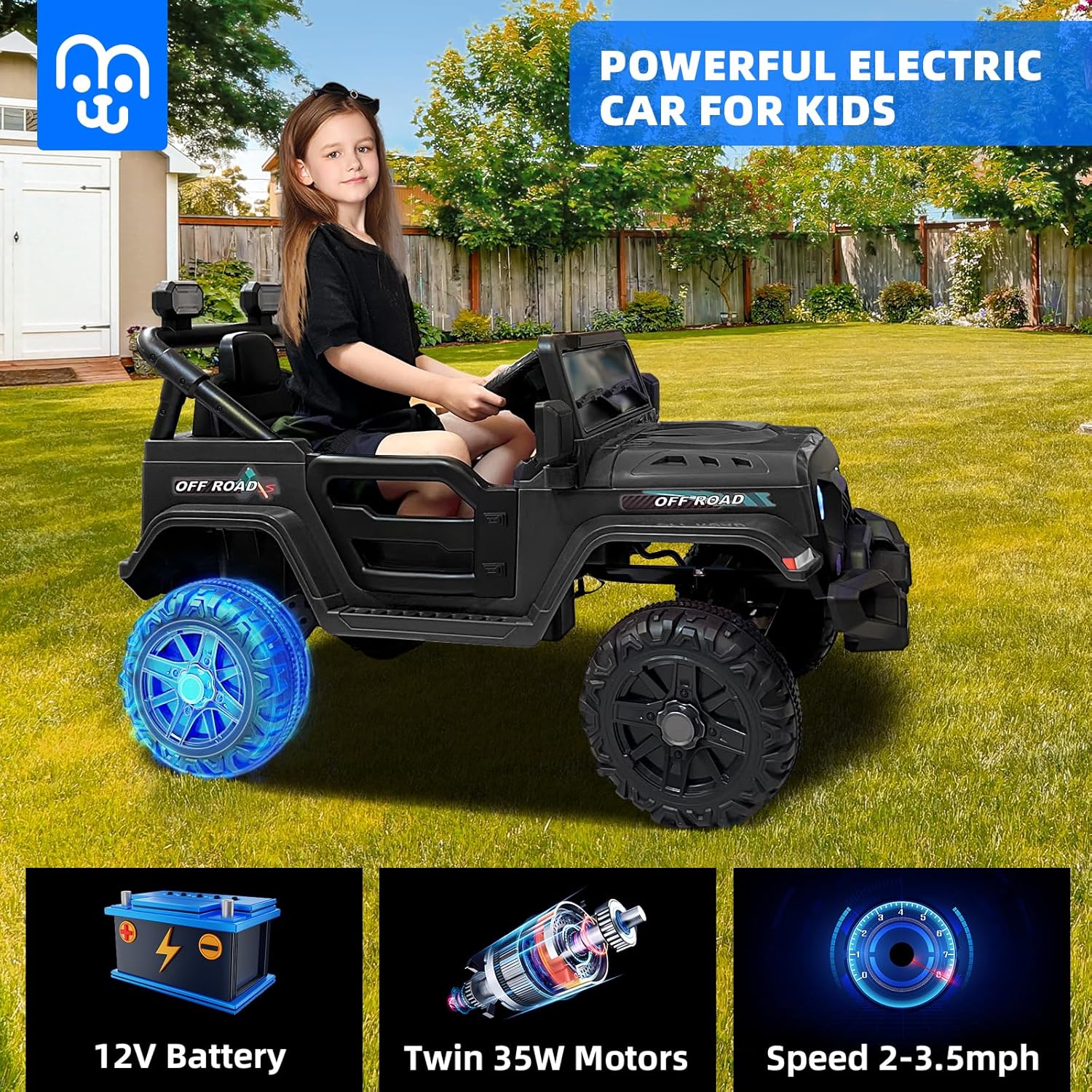 12V Kids Electric Ride on Truck Car Remote Control, Twin 35W Motors 3.5MPH Max Speed, Bluetooth USB Music Player, 4 Wheels Suspension LED Lights Safety Belt, Gift for Boy & Girl-Rosy wourant