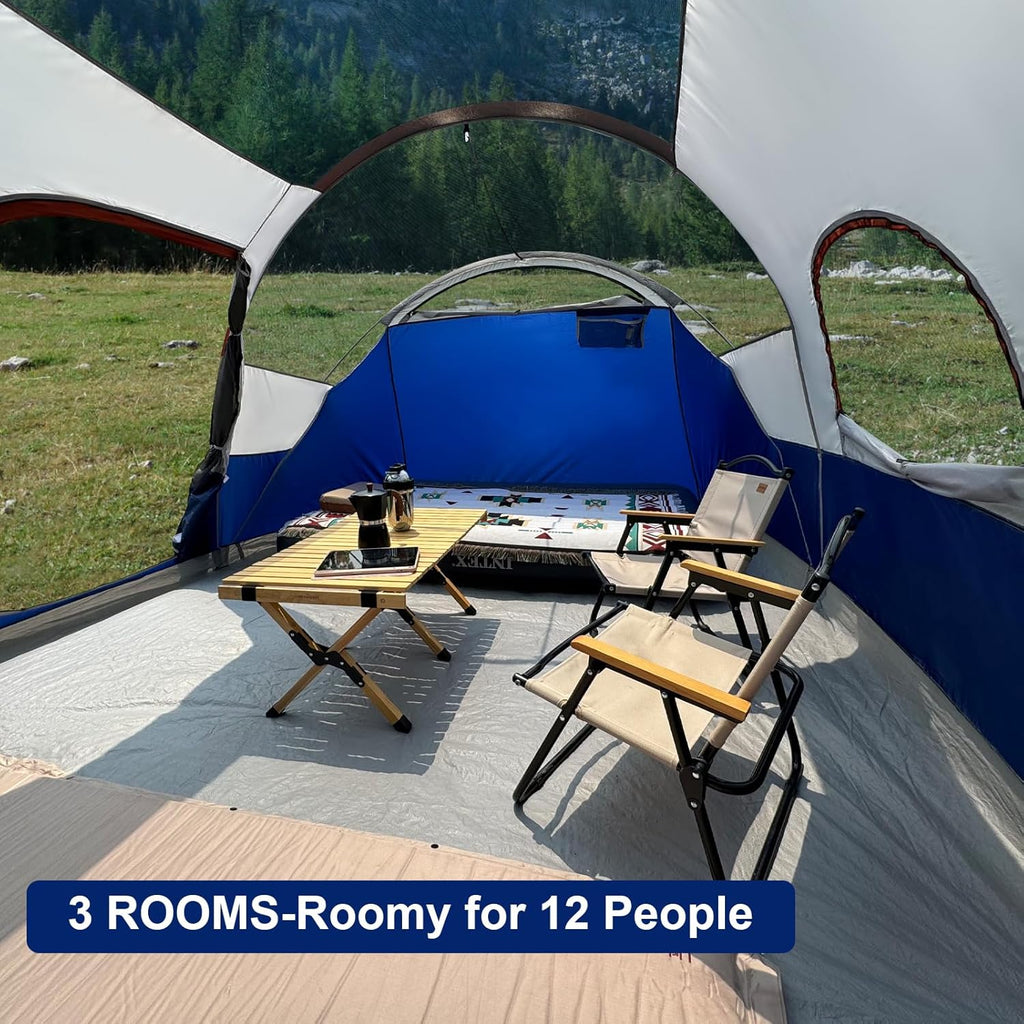 CAMPROS CP Tent 12-Person-Camping-Tents,3 Room Family Tents,Waterproof Windproof Family Tent with Top Rainfly,6 Large Mesh Windows,Double Layer,Easy Set Up, Portable with Carry Bag-20' x 9' x 72"(H) wourant
