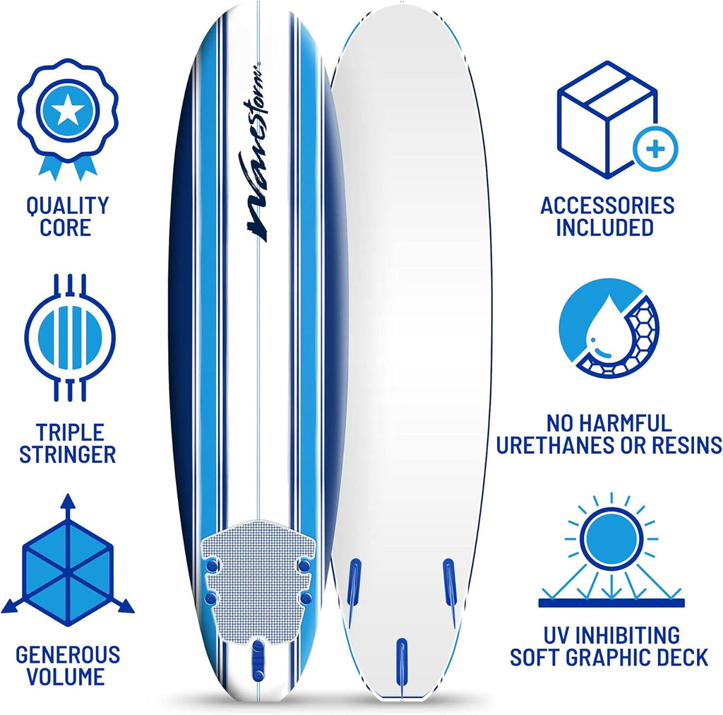 Wavestorm - Classic Soft Top Foam 7ft Surfboard Surfboard for Beginners and All Surfing Levels Complete Set Includes Leash and Multiple Fins Heat Laminated, Blue Pinline (AZ22-WSSF700-PIN) wourant