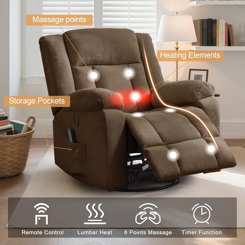 Adult rocking chair, gliding recliner, 360° rotating rocking chair with massage and heating function wourant